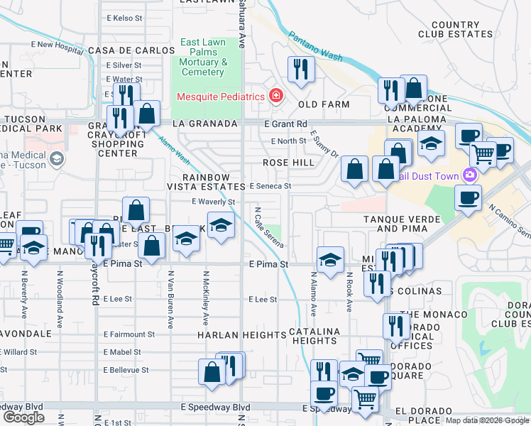 map of restaurants, bars, coffee shops, grocery stores, and more near 5941 East Linden Place in Tucson