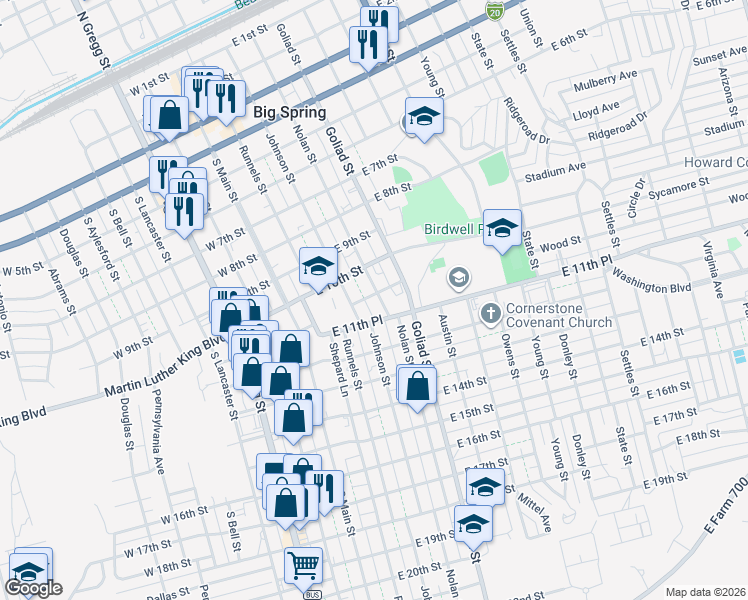 map of restaurants, bars, coffee shops, grocery stores, and more near 1012 Nolan Street in Big Spring