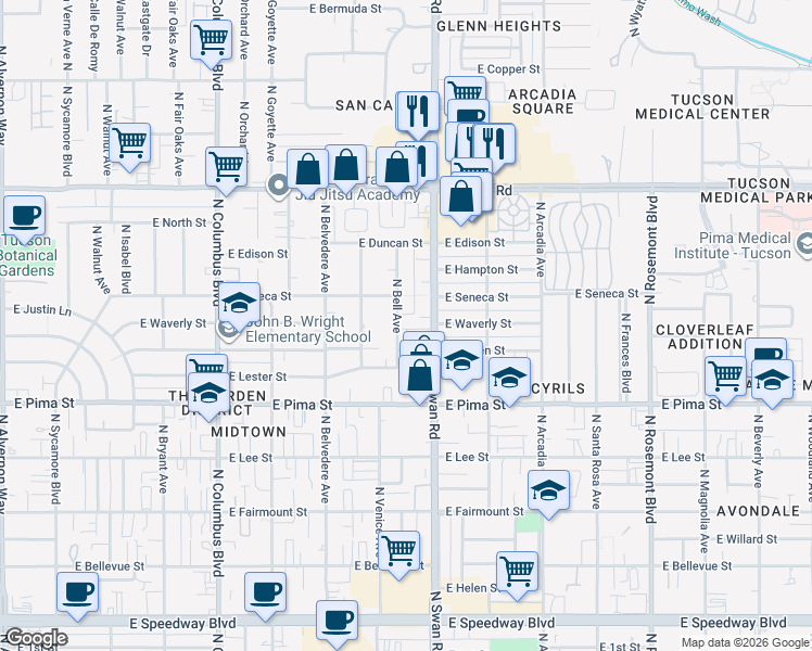 map of restaurants, bars, coffee shops, grocery stores, and more near 1949 North Swan Road in Tucson