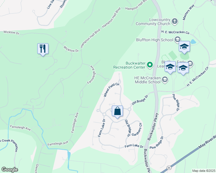 map of restaurants, bars, coffee shops, grocery stores, and more near 72 Wheat Field Circle in Bluffton