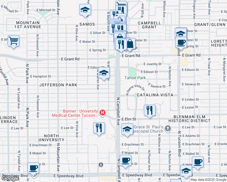 map of restaurants, bars, coffee shops, grocery stores, and more near 1824 East Waverly Street in Tucson