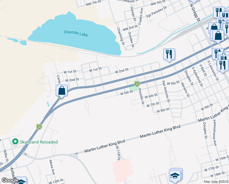map of restaurants, bars, coffee shops, grocery stores, and more near 1510 West 5th Street in Big Spring