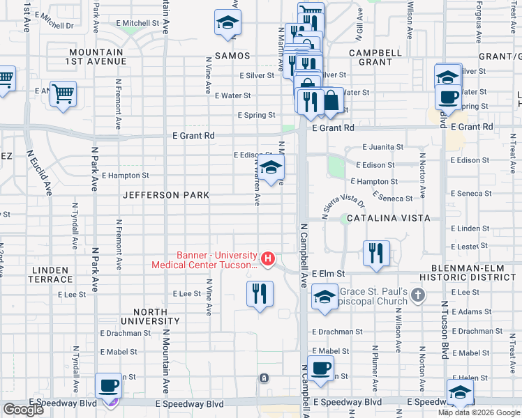 map of restaurants, bars, coffee shops, grocery stores, and more near 1728 East Waverly Street in Tucson