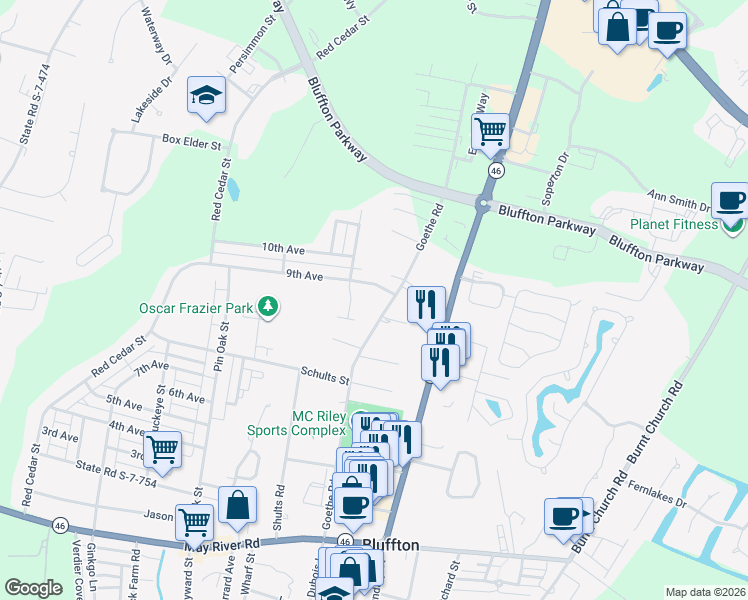 map of restaurants, bars, coffee shops, grocery stores, and more near 134 Goethe Road in Bluffton