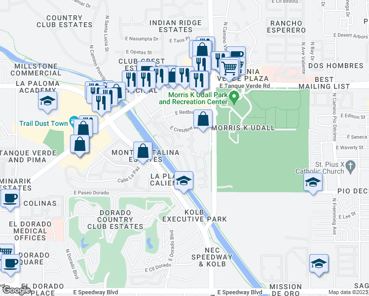map of restaurants, bars, coffee shops, grocery stores, and more near 6980 East Abby Lane in Tucson