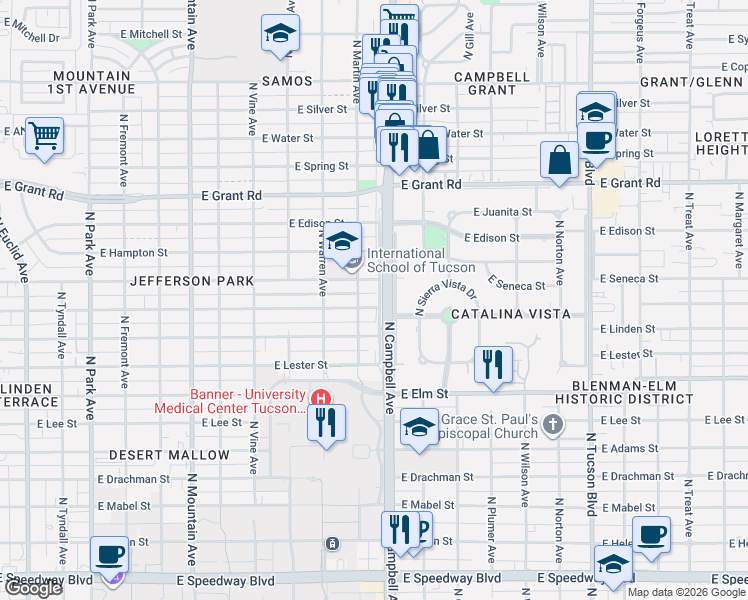 map of restaurants, bars, coffee shops, grocery stores, and more near 1824 East Waverly Street in Tucson