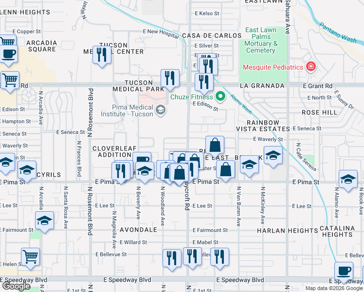 map of restaurants, bars, coffee shops, grocery stores, and more near 1840 North Craycroft Road in Tucson