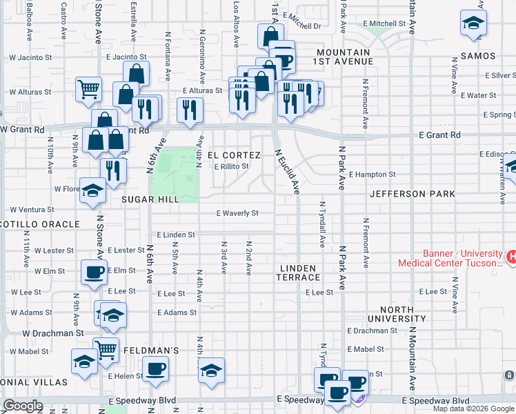 map of restaurants, bars, coffee shops, grocery stores, and more near 604 East Waverly Street in Tucson