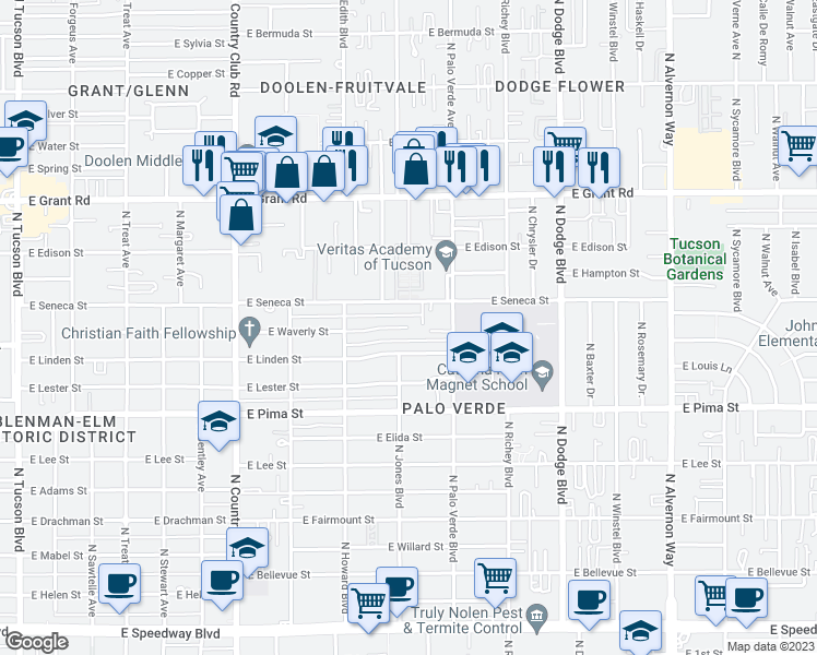 map of restaurants, bars, coffee shops, grocery stores, and more near East Waverly Street in Tucson