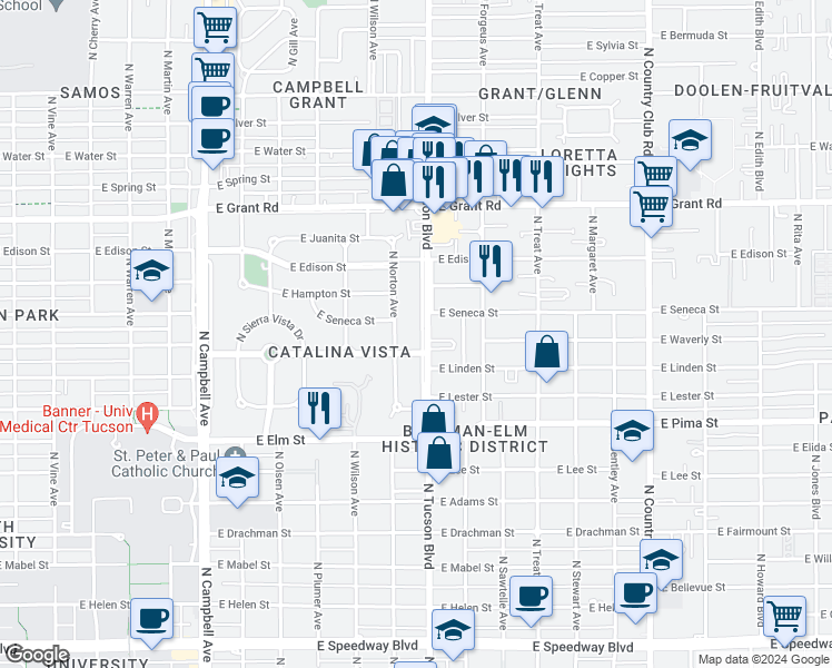 map of restaurants, bars, coffee shops, grocery stores, and more near 2017 North Tucson Boulevard in Tucson