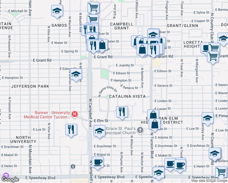 map of restaurants, bars, coffee shops, grocery stores, and more near 113 North Sierra Vista Drive in Tucson