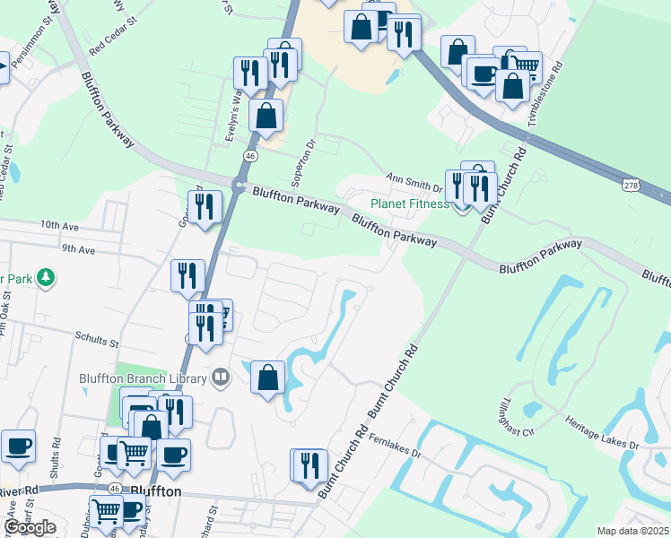 map of restaurants, bars, coffee shops, grocery stores, and more near 74 Lake Linden Drive in Bluffton