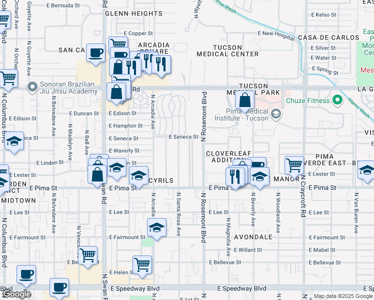 map of restaurants, bars, coffee shops, grocery stores, and more near 1918 North Santa Rosa Avenue in Tucson