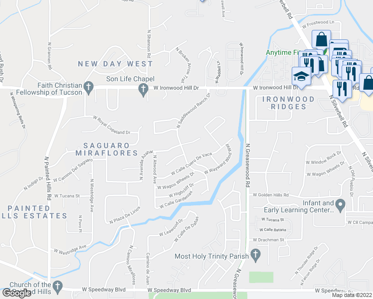 map of restaurants, bars, coffee shops, grocery stores, and more near 2749 West Avenida Azahar in Tucson