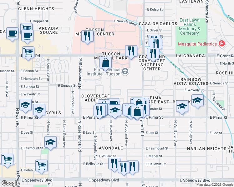 map of restaurants, bars, coffee shops, grocery stores, and more near 5325 East Linden Place in Tucson