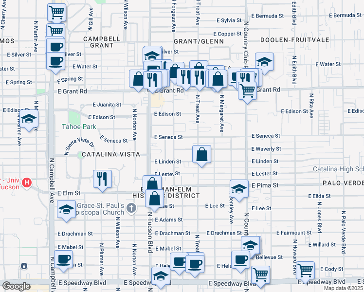 map of restaurants, bars, coffee shops, grocery stores, and more near 2617 East Linden Street in Tucson