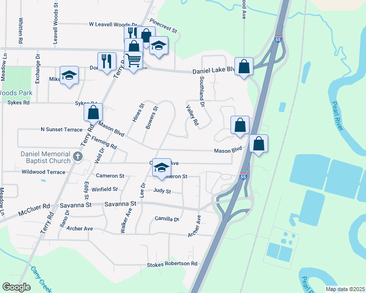 map of restaurants, bars, coffee shops, grocery stores, and more near 357 Mason Boulevard in Jackson