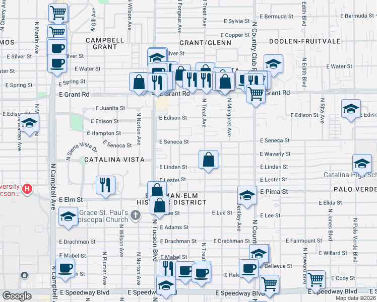 map of restaurants, bars, coffee shops, grocery stores, and more near 2617 East Linden Street in Tucson