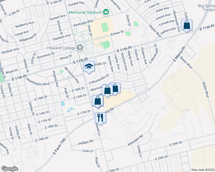 map of restaurants, bars, coffee shops, grocery stores, and more near 1900-2098 Alabama Street in Big Spring