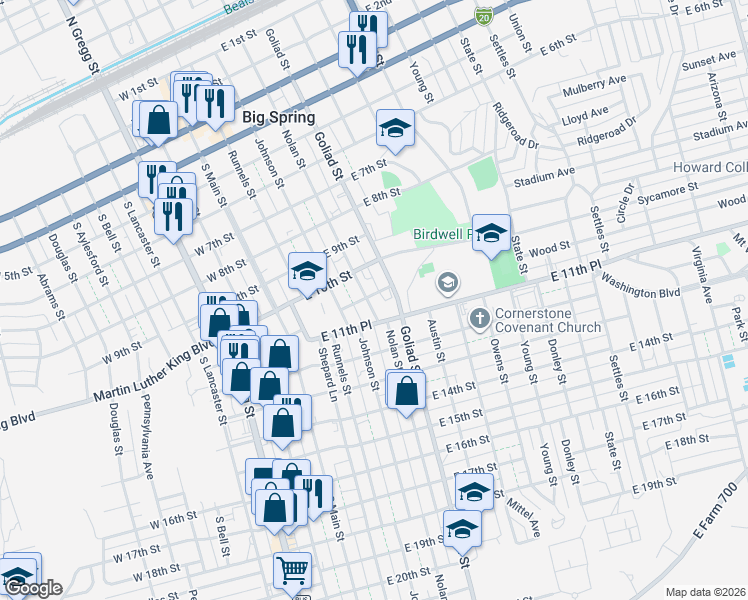 map of restaurants, bars, coffee shops, grocery stores, and more near 1012-1024 Nolan St in Big Spring
