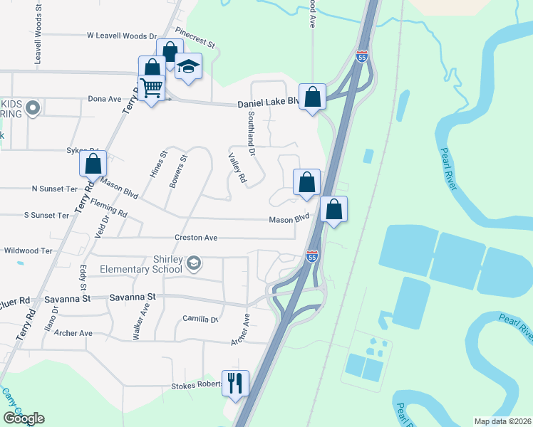 map of restaurants, bars, coffee shops, grocery stores, and more near 415 Mason Boulevard in Jackson