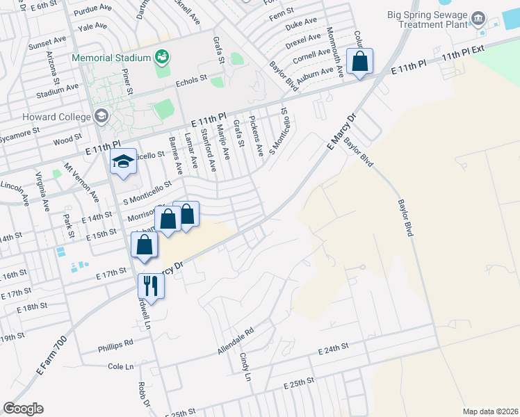 map of restaurants, bars, coffee shops, grocery stores, and more near 2401-2467 Farm to Market 700 in Big Spring