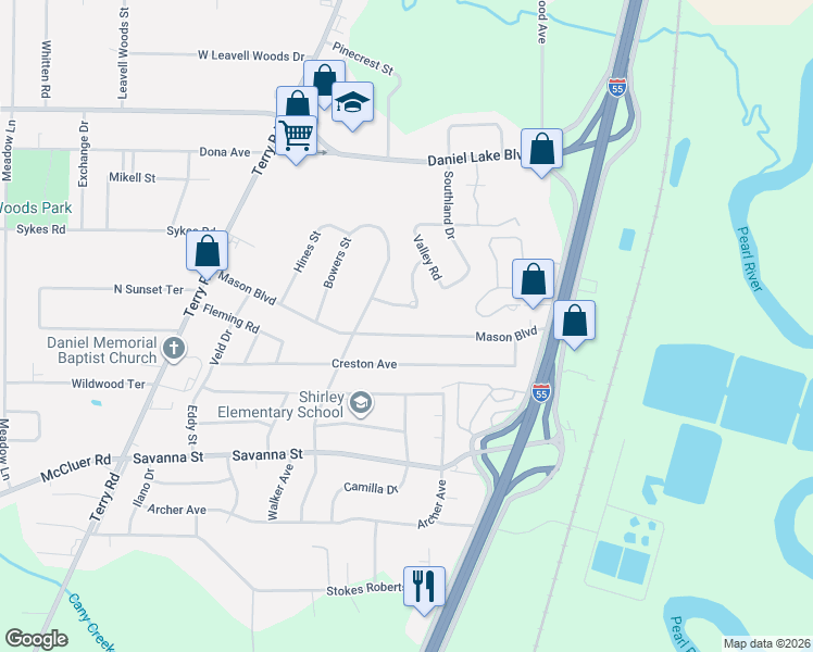 map of restaurants, bars, coffee shops, grocery stores, and more near 357 Mason Boulevard in Jackson