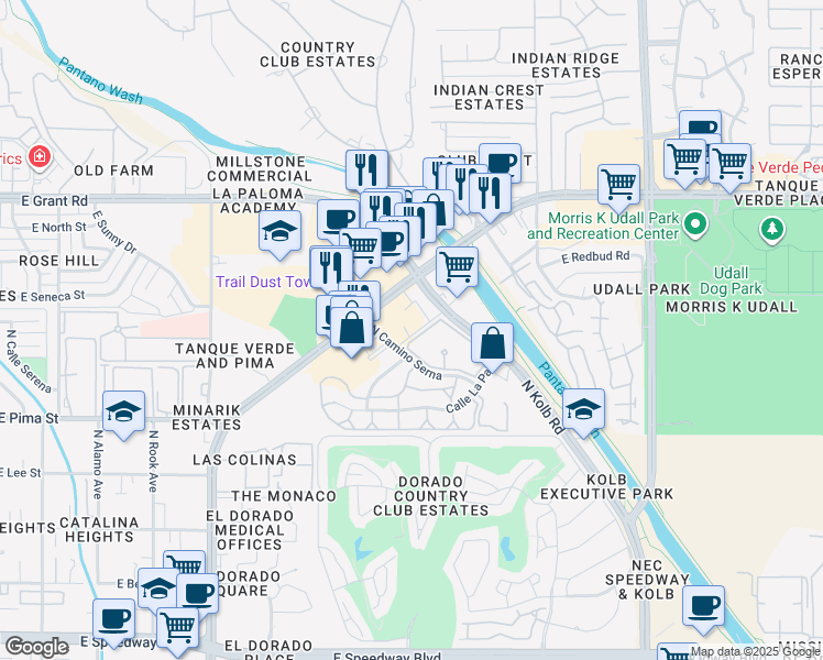 map of restaurants, bars, coffee shops, grocery stores, and more near 6632 East Tanque Verde Road in Tucson