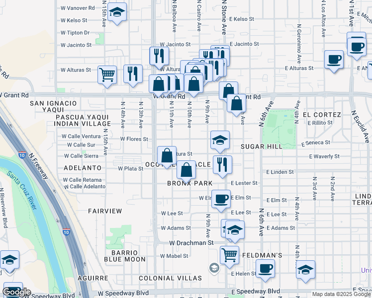 map of restaurants, bars, coffee shops, grocery stores, and more near 254 West Flores Street in Tucson