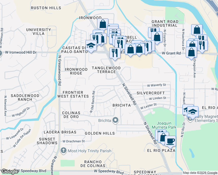 map of restaurants, bars, coffee shops, grocery stores, and more near 2157 Tanglewood Drive in Tucson