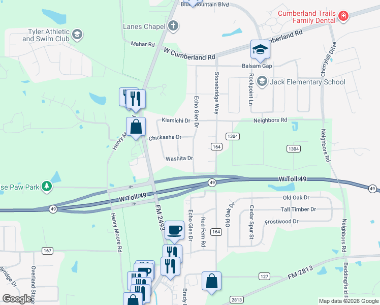 map of restaurants, bars, coffee shops, grocery stores, and more near 16078 Echo Glen Drive in Tyler