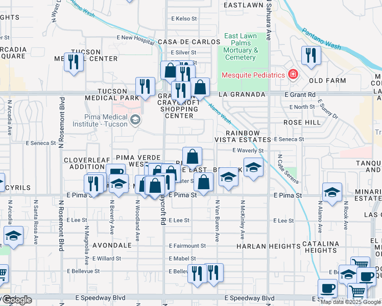 map of restaurants, bars, coffee shops, grocery stores, and more near 5621 East Julius Stravenue in Tucson