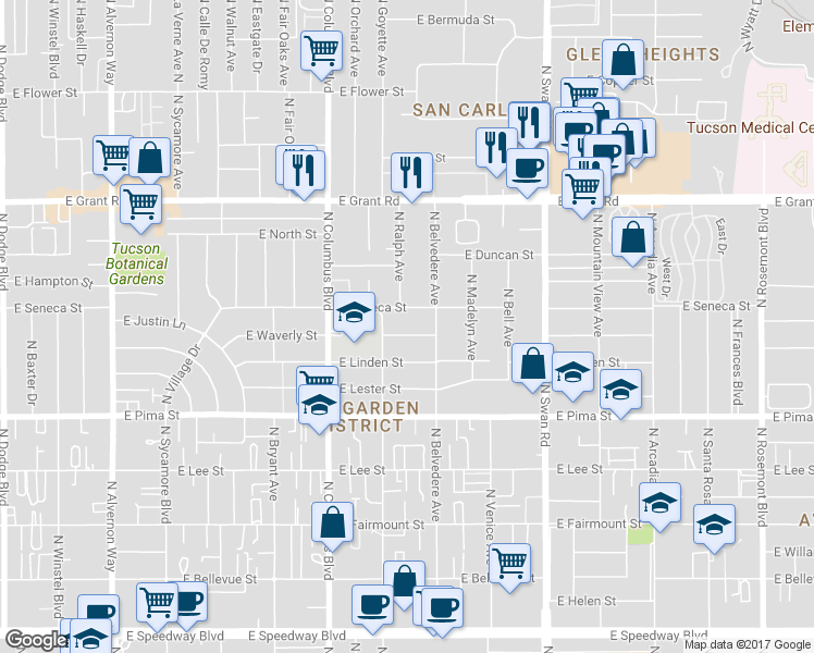 map of restaurants, bars, coffee shops, grocery stores, and more near 4434 East Seneca Street in Tucson