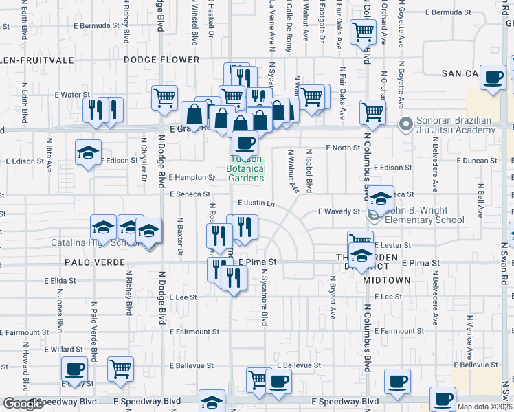 map of restaurants, bars, coffee shops, grocery stores, and more near 3933 East Justin Lane in Tucson