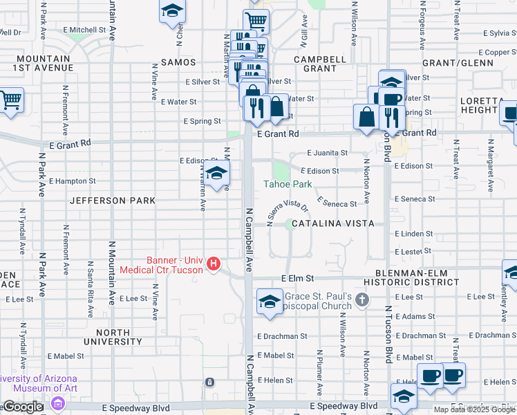 map of restaurants, bars, coffee shops, grocery stores, and more near 2000 East Hampton Street in Tucson