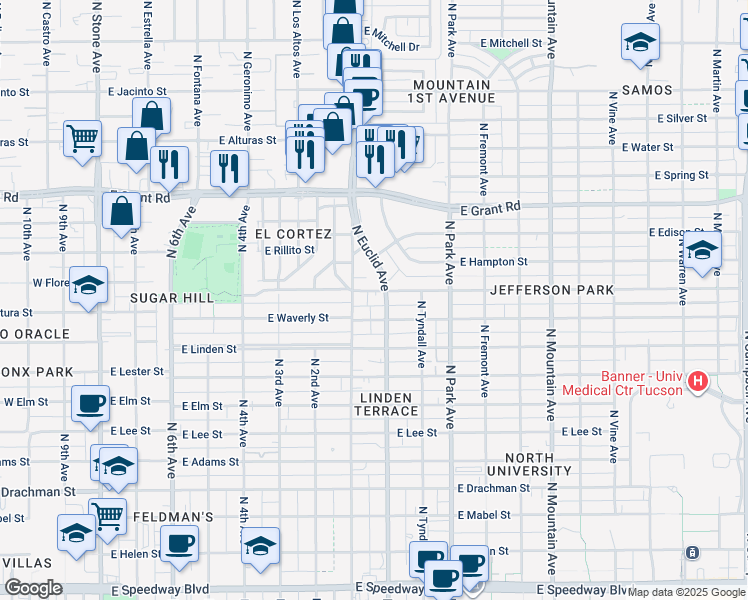 map of restaurants, bars, coffee shops, grocery stores, and more near in Tucson