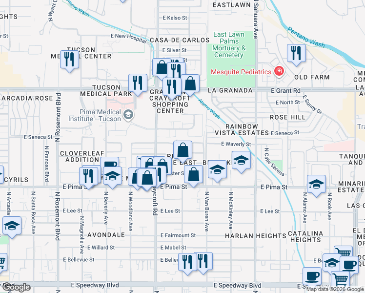 map of restaurants, bars, coffee shops, grocery stores, and more near 5621 East Julius Stravenue in Tucson