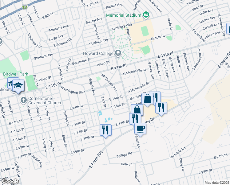 map of restaurants, bars, coffee shops, grocery stores, and more near 1302 Birdwell Lane in Big Spring