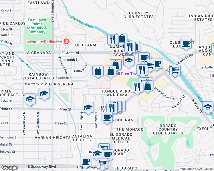map of restaurants, bars, coffee shops, grocery stores, and more near 6250 East Sunny Drive in Tucson