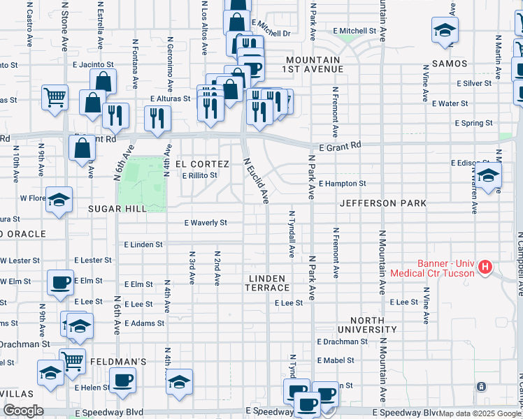 map of restaurants, bars, coffee shops, grocery stores, and more near 774 East Seneca Street in Tucson
