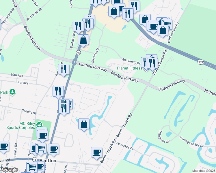map of restaurants, bars, coffee shops, grocery stores, and more near 74 Lake Linden Dr in Bluffton