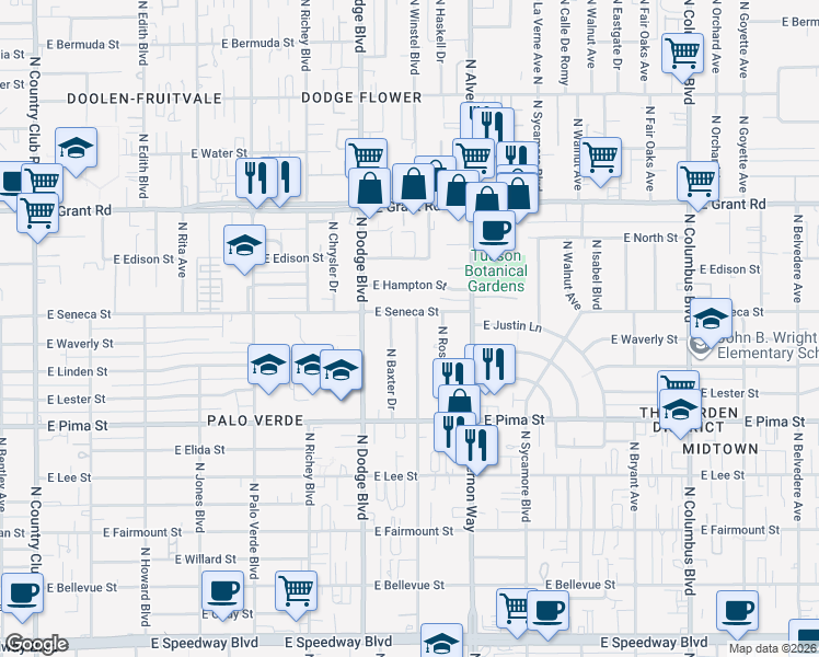 map of restaurants, bars, coffee shops, grocery stores, and more near 3802 East Seneca Street in Tucson