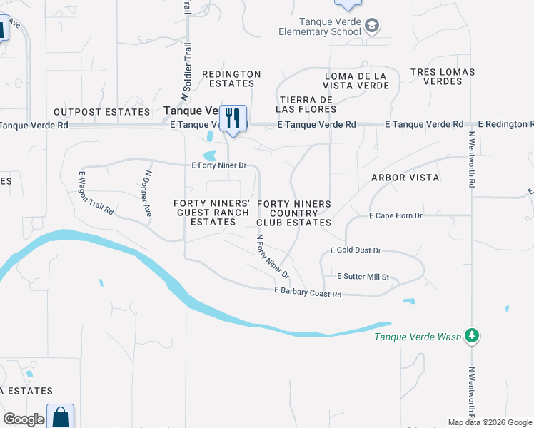 map of restaurants, bars, coffee shops, grocery stores, and more near 2030 North Forty Niner Drive in Tucson