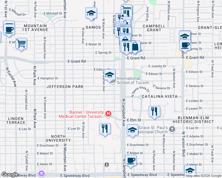 map of restaurants, bars, coffee shops, grocery stores, and more near 1701 East Seneca Street in Tucson