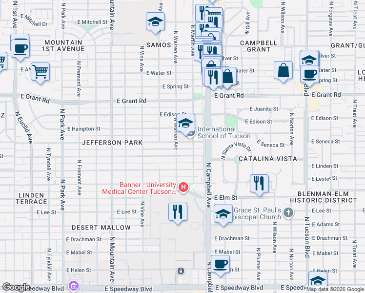map of restaurants, bars, coffee shops, grocery stores, and more near 1701 East Seneca Street in Tucson