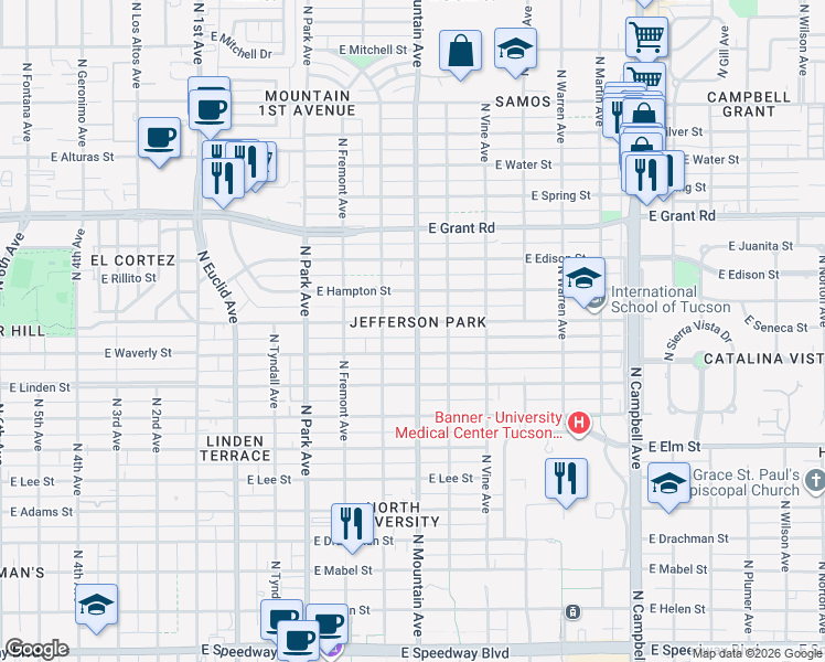 map of restaurants, bars, coffee shops, grocery stores, and more near 1321 East Seneca Street in Tucson
