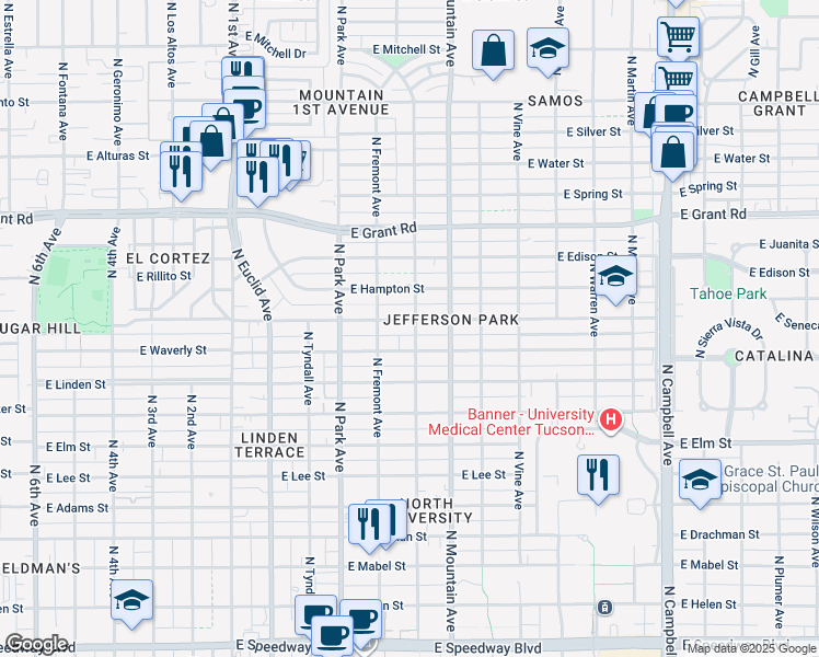 map of restaurants, bars, coffee shops, grocery stores, and more near 1215 East Seneca Street in Tucson