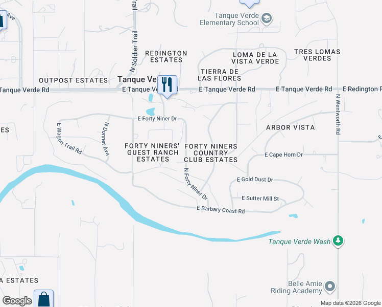 map of restaurants, bars, coffee shops, grocery stores, and more near 2010 North Forty Niner Drive in Tucson