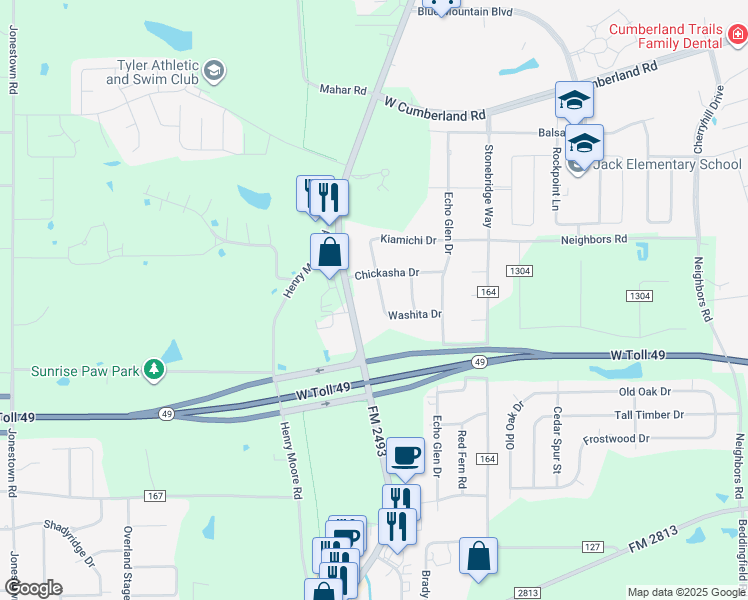 map of restaurants, bars, coffee shops, grocery stores, and more near 16078 Shoshone Drive in Tyler