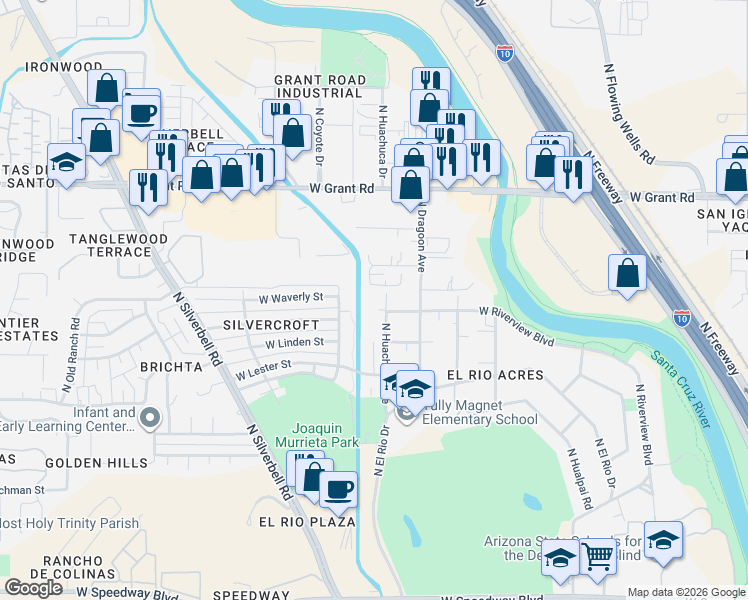 map of restaurants, bars, coffee shops, grocery stores, and more near 1750 West Riverview Boulevard in Tucson